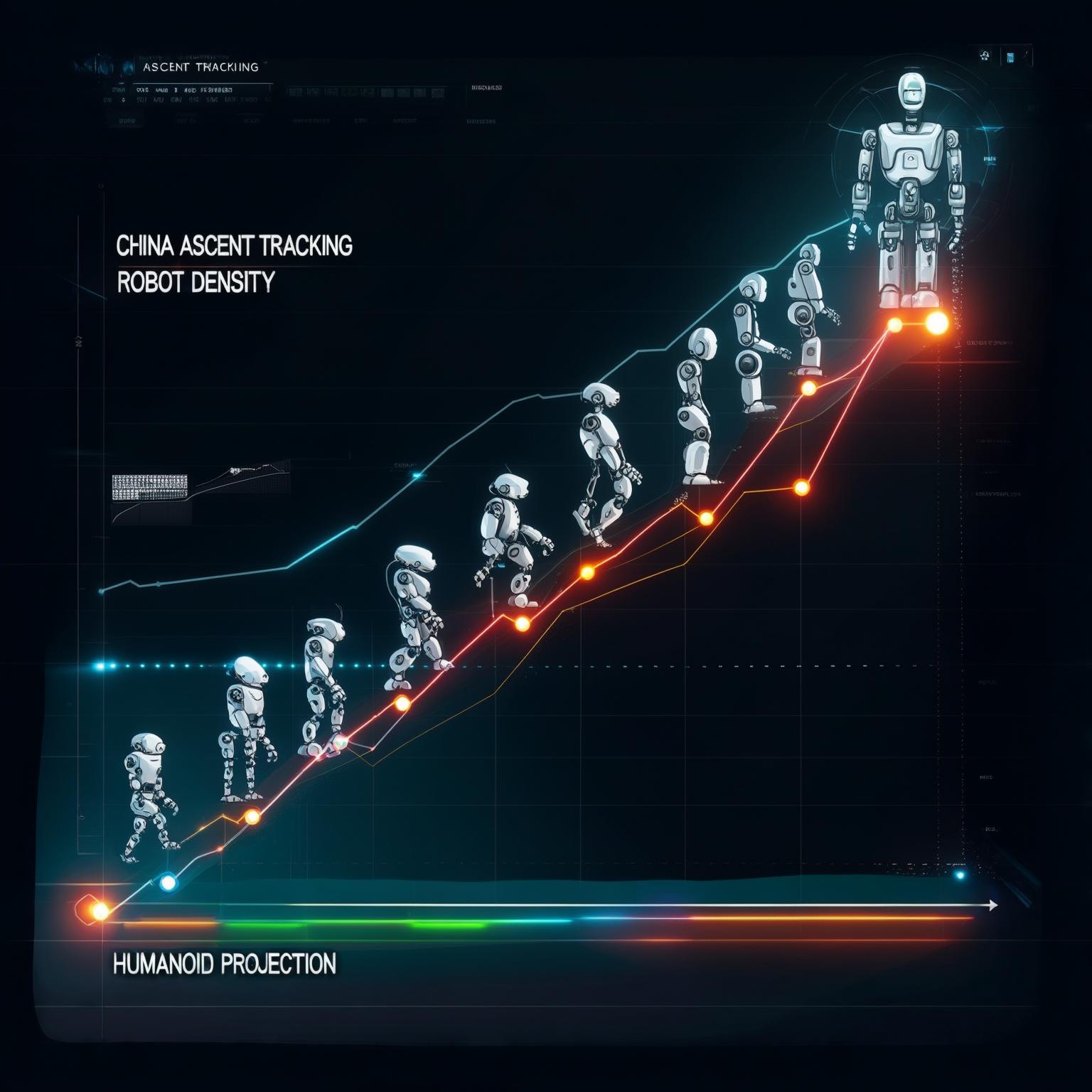 Dynamic interface graphic tracking China's robotics ascent. Show a rapidly climbing line graph for robot density/installations. Integrate visuals of evolving robot forms, particularly focusing on a rapidly multiplying or advancing humanoid figure. Use interface elements and glowing green/blue lines to indicate progress.