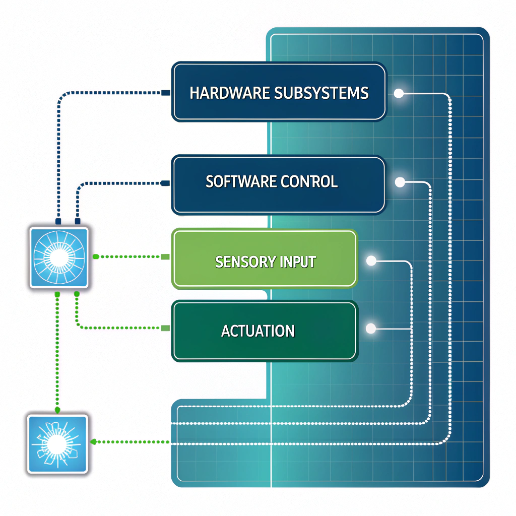 Abstract technical diagram showing interconnected modules representing hardware and software layers of a robotic system. Use glowing lines to show data and power flow between sections labeled 'Hardware Subsystems', 'Software Control', 'Sensory Input', 'Actuation'. Use interface blue and green colors.