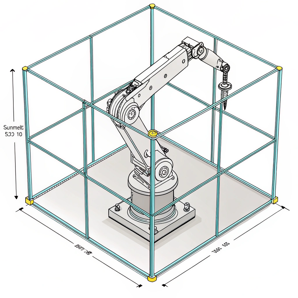 Icon or simple diagram of a traditional articulated industrial robot arm, fixed to the ground, possibly inside a simple safety cage outline.