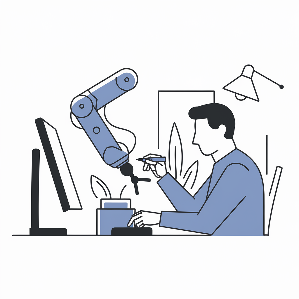 Icon or simple diagram of a smaller, more rounded collaborative robot arm, interacting subtly with a human figure or another machine icon.