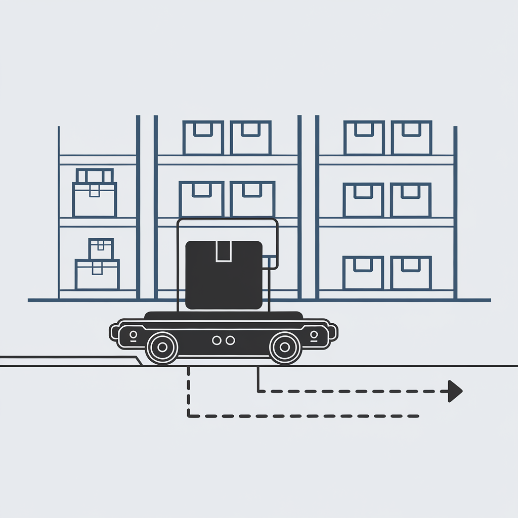 Icon or simple diagram of a small, flat Autonomous Guided Vehicle moving along a line on the ground, carrying a box icon.