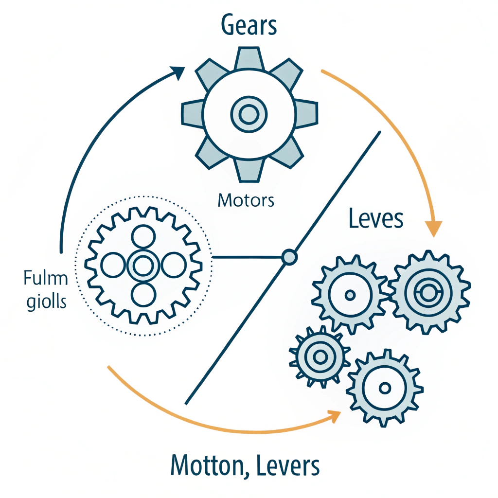 Simple diagram or icon representing gears, motors, or levers, suggesting motion generation.