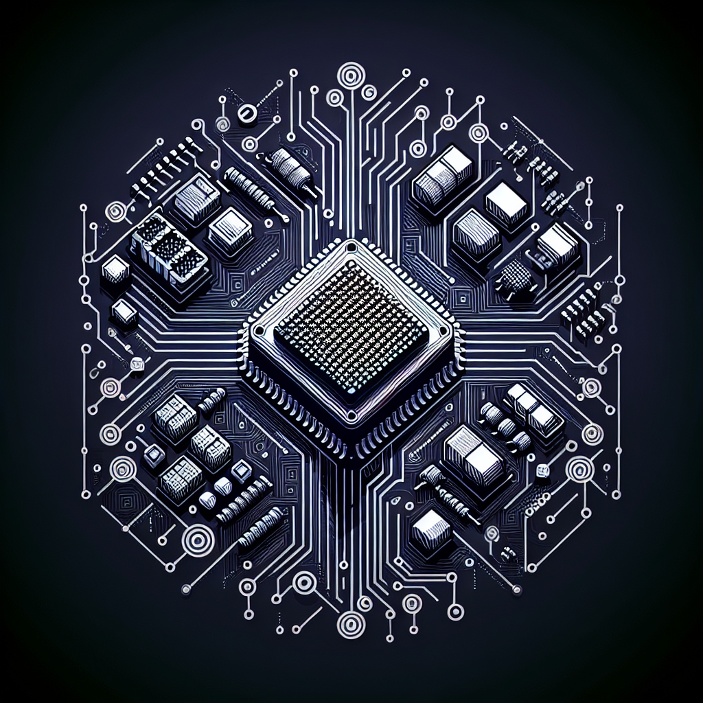 Simple diagram or icon representing a circuit board, CPU, or network node, suggesting processing and control.