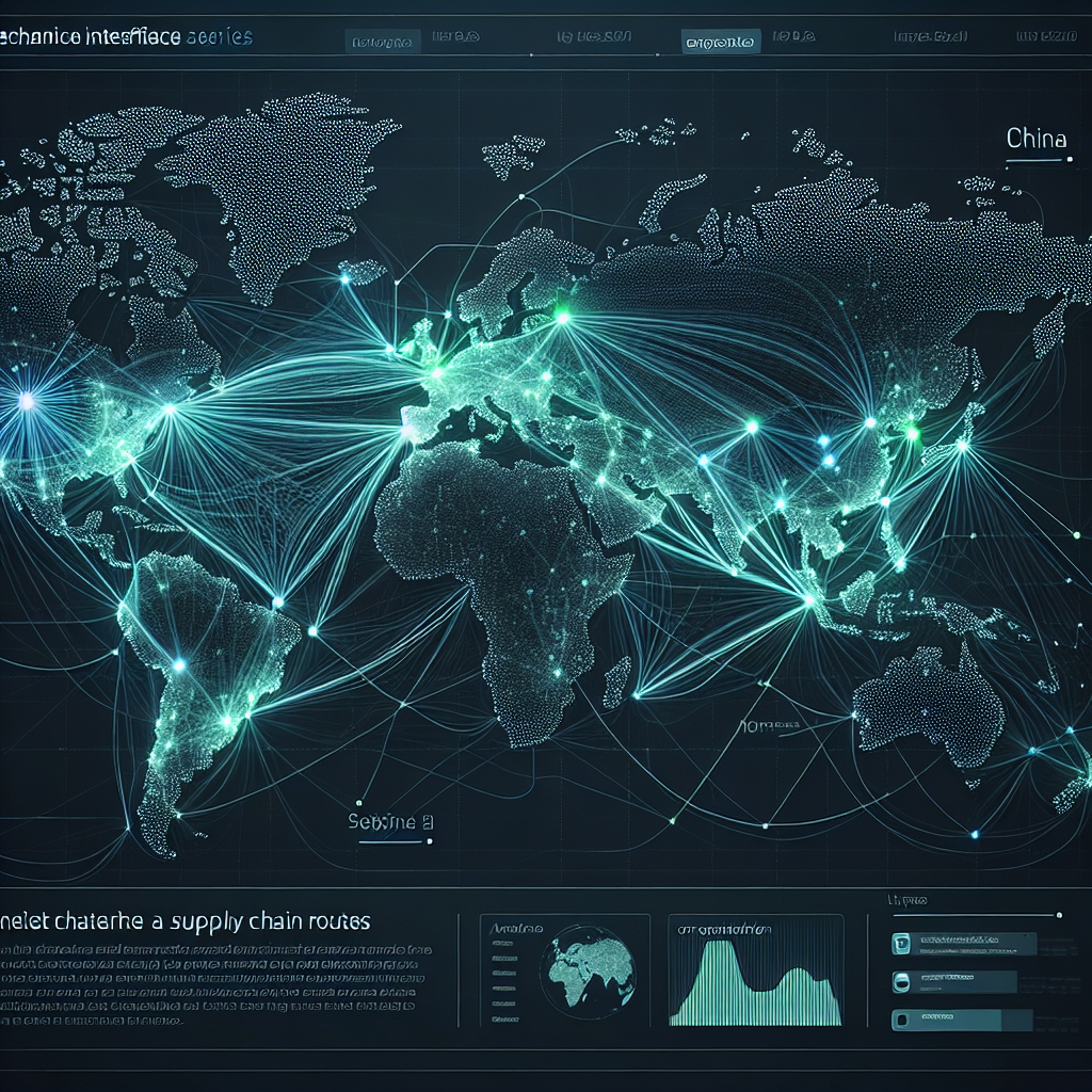 Abstract technical visualization of a global network or map with interconnected nodes and lines representing supply chain routes. Highlight specific nodes or regions with glowing effects, indicating concentrations of manufacturing or resources. Use the series color palette with lines suggesting flow.