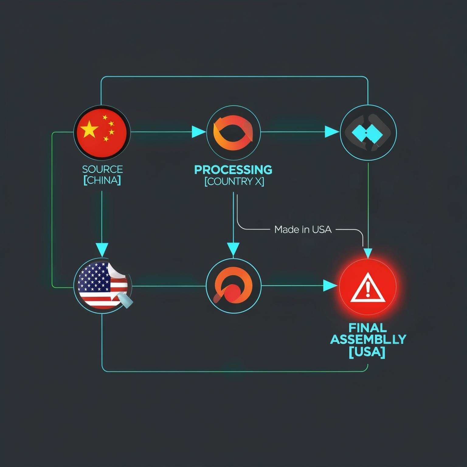 Interface graphic representing the 'Made in USA' principle. Show abstract icons for source materials (e.g., chip from China) flowing through an intermediate process icon, then to a final assembly icon (US flag). A prominent label 'Made in USA' appears, but with a red warning overlay or error symbol.