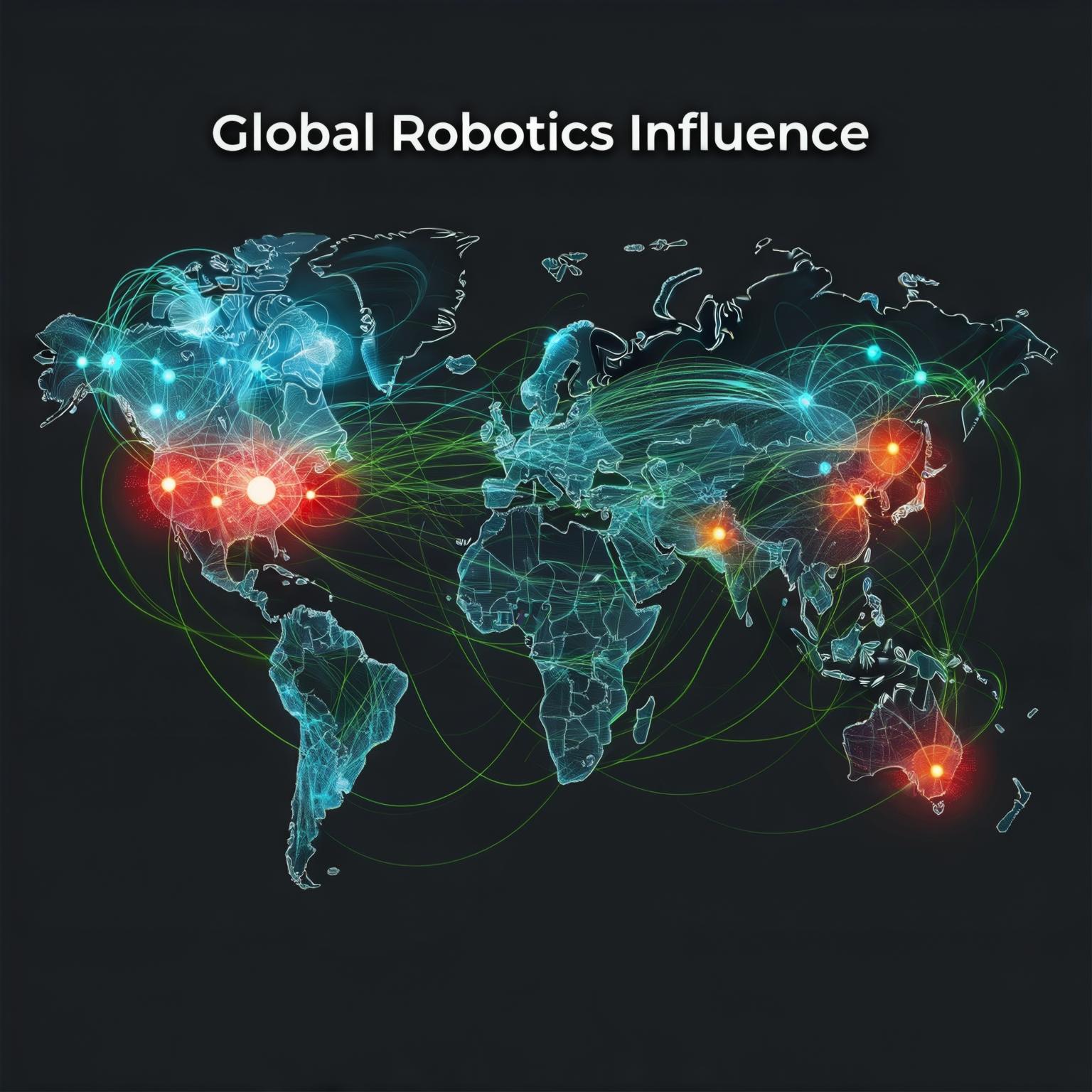 Abstract visualization showing a global map or chart highlighting key countries (SK, JP, DE, US, CN) with different colored nodes or bars representing their historical dominance or current position in robotics. Use connection lines to show interactions or shifts.