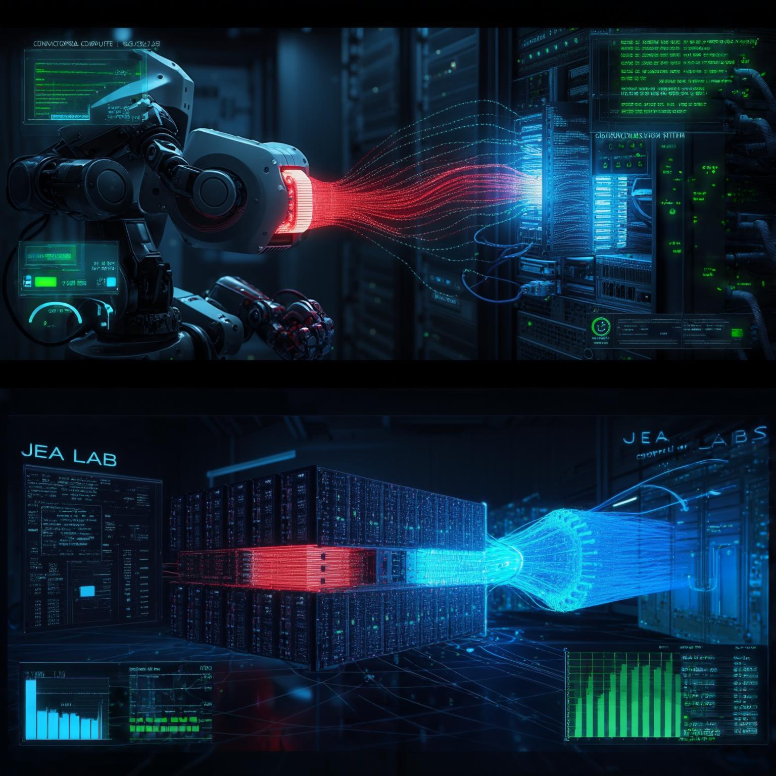 A visually striking representation of the computational bottleneck in modern robotics. The image shows a high-tech robot arm connected to a conventional computing system where data streams visualized as flowing light pathways become congested at a central processing hub. The bottleneck is highlighted with red glowing sections where data flow is restricted. In contrast, a JEA Labs computational system is shown with smooth, efficient data flow in blue. Technical readouts and comparison metrics float around both systems, highlighting the massive performance differences. The entire scene is rendered in a dark technological aesthetic with blue interface elements and green data visualization components, matching the article's color scheme.