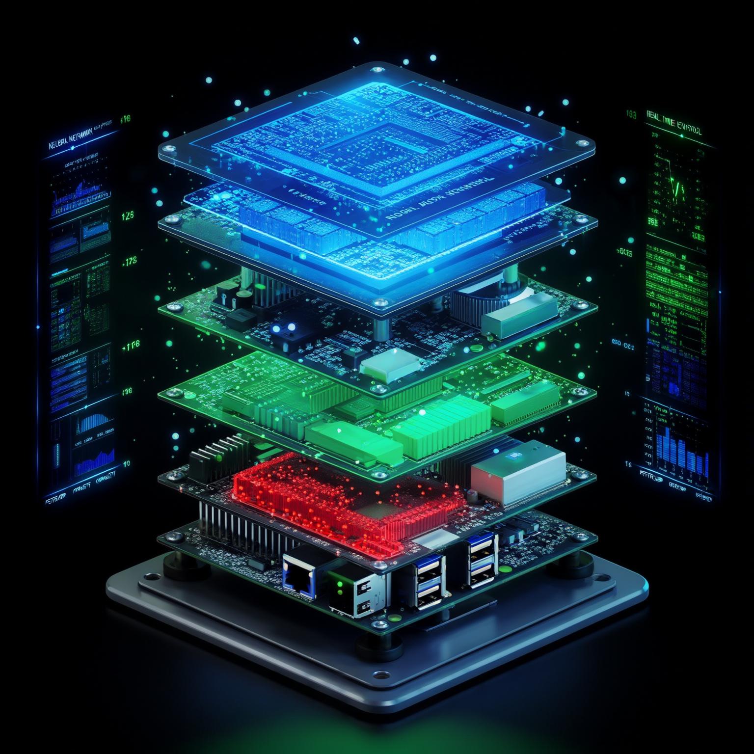 A detailed visualization of JEA Labs' revolutionary computing architecture designed for integration with robotics systems. The image shows a compact computing node with multiple processing layers arranged in a space-efficient 3D configuration. Each layer is color-coded to represent different types of processing: blue sections for neural network processors, green for sensor data analysis, and red for motion control systems. The visualization includes holographic-style indicators showing the massive performance metrics with floating data points. Technical readouts along the sides show performance metrics including petaflop capacity and real-time response capabilities. The aesthetic matches the cybernetic interface style of the article with a dark background and luminous blue/green interface elements.