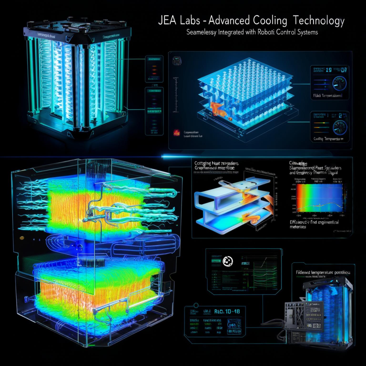 A visualization of JEA Labs' cooling technology designed for integration with robotic control systems. The image shows a JEA computational unit with the cooling system illuminated in blue and cyan colors. The cooling pathways are visible through transparent sections, showing how the engineered liquid flows through intricate microchannels around processing components. Thermal imaging overlays show dramatic temperature differentials with hot spots immediately cooled. Small indicator panels show the system's temperature metrics and efficiency readings. The visualization includes callouts to special materials like diamond heat spreaders and graphene thermal interfaces. The aesthetic maintains the cybernetic interface style with dark backgrounds, glowing blue cooling elements, and green system status indicators.