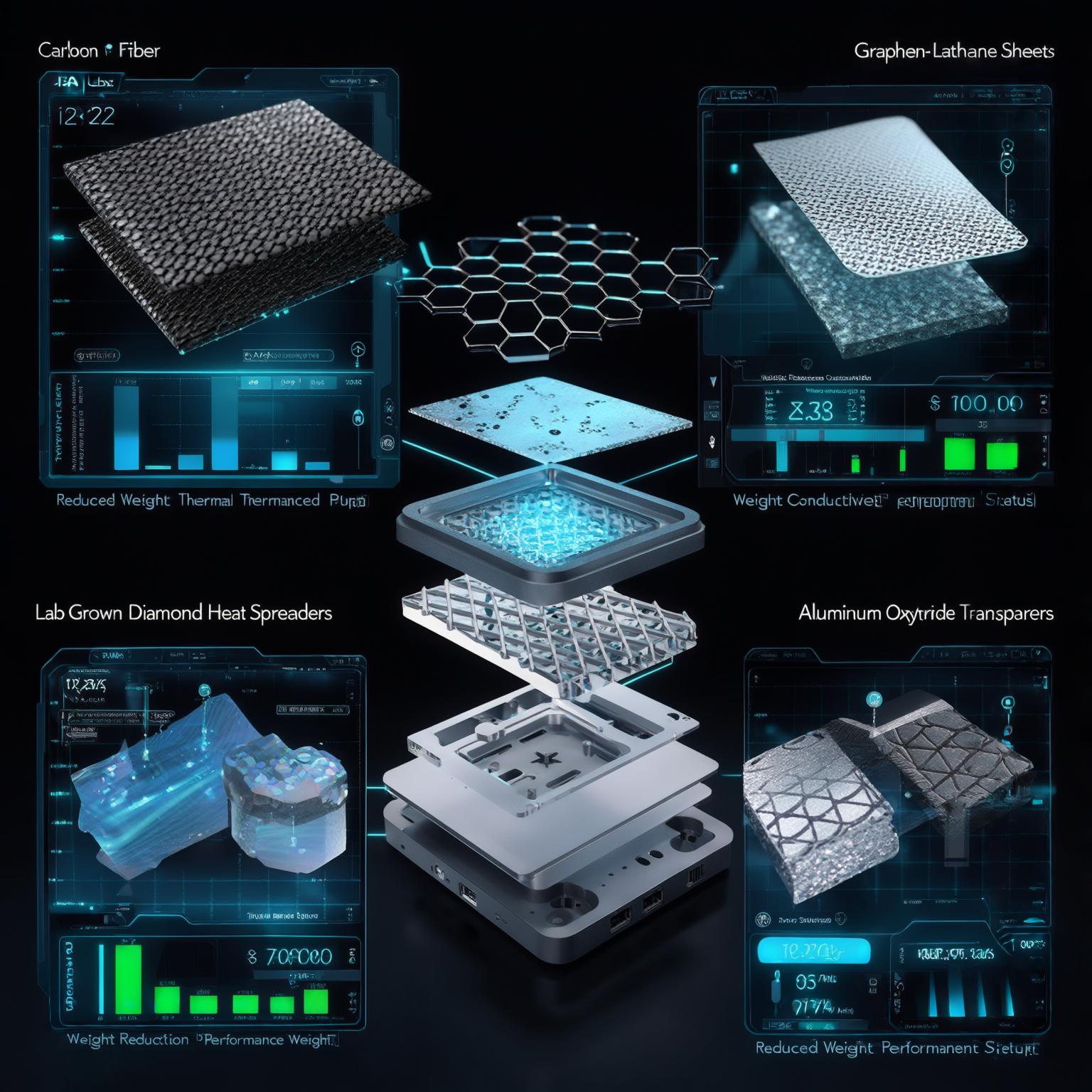 A detailed presentation of advanced materials used in JEA Labs' computing systems for robotics integration. The image shows various exotic materials used in JEA's computing platforms arranged in a technical display with callouts and property indicators. Featured materials include carbon fiber components with visible weave patterns, graphene sheets with hexagonal lattice visualization, lab-grown diamond heat spreaders with crystalline structures highlighted, and aluminum oxynitride transparent elements. Each material has associated performance metrics displayed via holographic-style readouts showing thermal conductivity, weight reduction, and strength properties. A computational module made from these composite materials is shown in an exploded view, demonstrating how the lightweight yet strong components reduce the overall weight of computing systems by 30-60%. The visualization maintains the cybernetic interface aesthetic with dark background, blue diagnostic elements, and green status indicators.