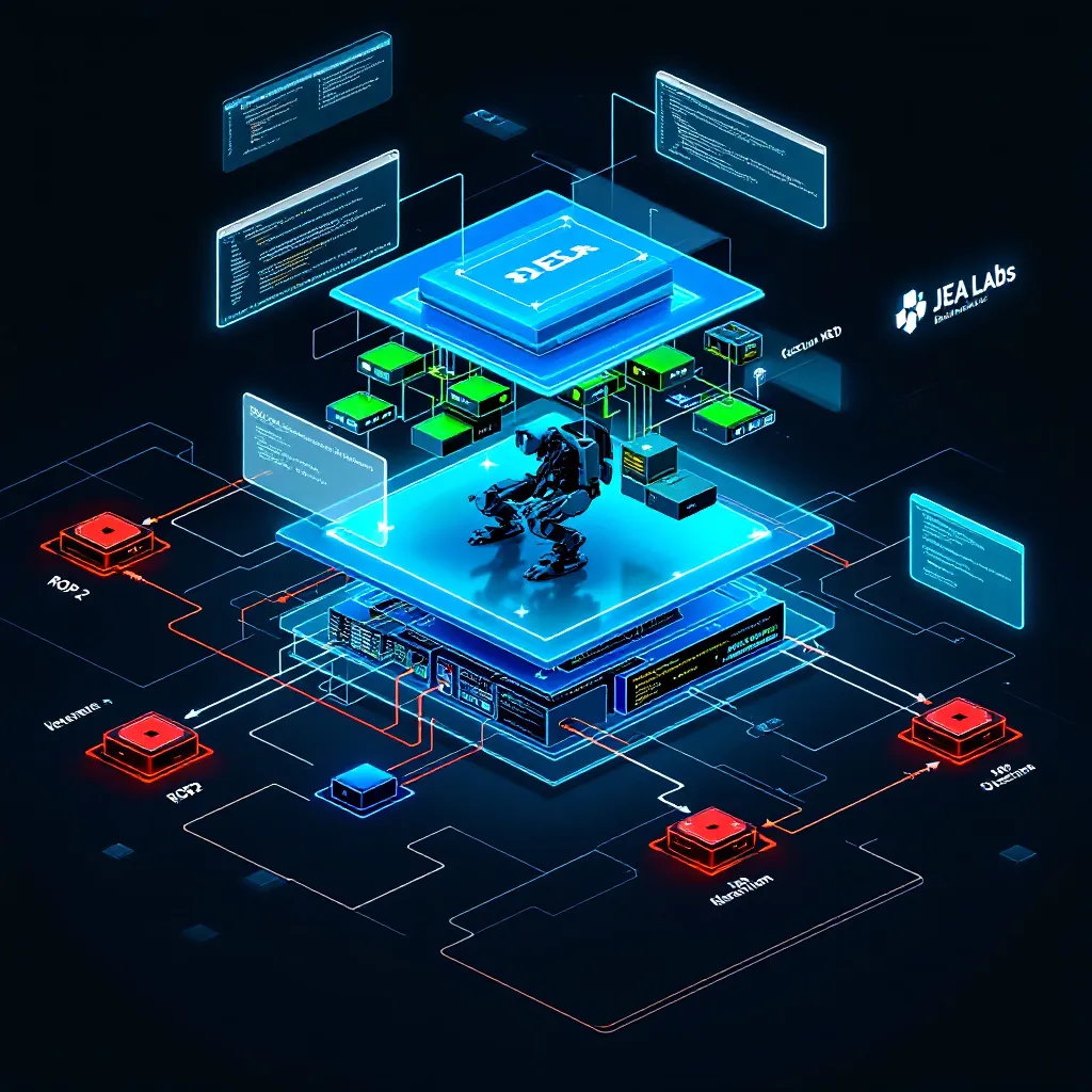 A visualization of JEA Labs' software integration capabilities for robotics computing. The image shows multiple interconnected layers of software architecture rendered in a 3D holographic style. The base layer shows the custom BSD operating system with real-time extensions, rendered as a blue hexagonal foundation. Above it, middleware layers including ROS2, YARP and OROCOS interface layers are shown as interconnected green modules that connect to a silhouette of a robotic system. Multiple terminals and code windows float around the architecture showing actual code snippets and configuration files for integration. The visualization includes animated data flows between the JEA computing core and robotics control systems with metrics showing microsecond-level timing precision. The image maintains the cybernetic interface style with a dark background, blue system elements, green active components, and occasional red indicators for critical systems. Technical readouts and monitoring dashboards are visible in the periphery showing system diagnostics and performance metrics.
