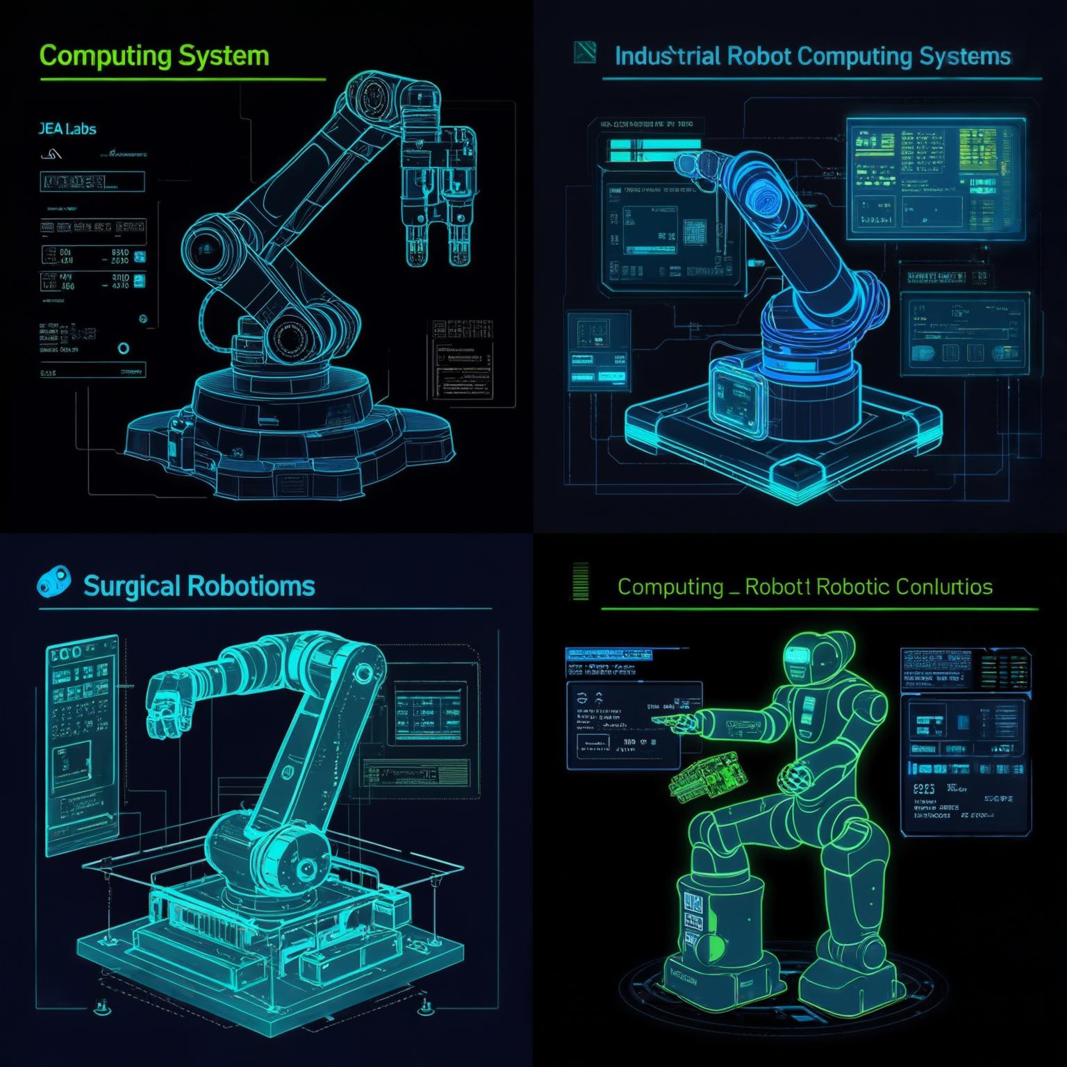 A composite visualization showing JEA Labs' computing systems being integrated with various robotics platforms. The image is divided into four quadrants, each showcasing a different integration scenario: 1) Industrial Manufacturing - JEA computational units being integrated with industrial robot arms to enhance their processing capabilities; 2) Autonomous Navigation - JEA computing cores being installed in mobile robotic platforms to enable advanced navigation; 3) Medical Robotics - Compact JEA processing modules connected to surgical robotics systems to provide ultra-precise control; 4) Humanoid Systems - JEA's high-density computing platforms being integrated into the control systems of humanoid robots. Each quadrant has technical readouts showing the specific JEA system specifications and integration points. The entire visualization maintains the cybernetic interface aesthetic with dark backgrounds and blue/green interface elements. Connecting lines between quadrants show how similar computational solutions can be adapted for different robotics applications.
